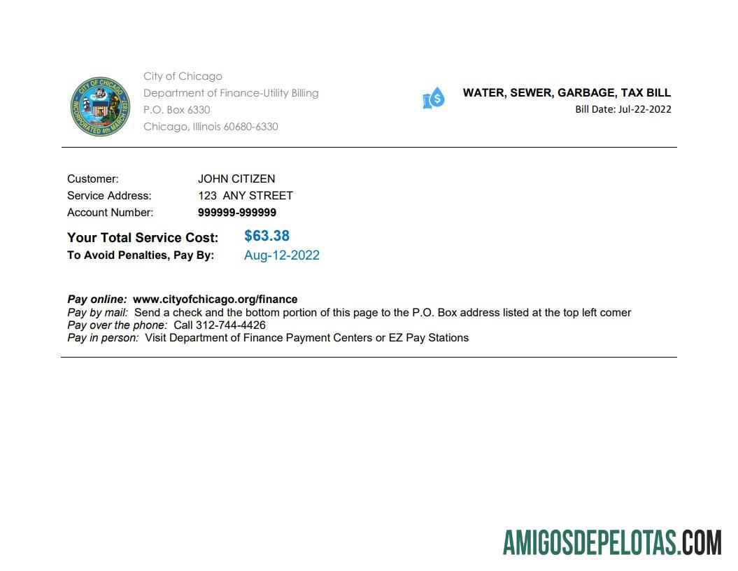 Em branco EUA Illinois Chicago Água, Esgoto, Lixo, Projeto de Lei Fiscal Modelo Word e PDF